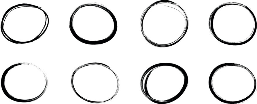 Hand drawn grange circle line sketch set. Vector circular scribble doodle round circles for message note mark design element. Pencil or pen graffiti bubble or ball draft illustration
