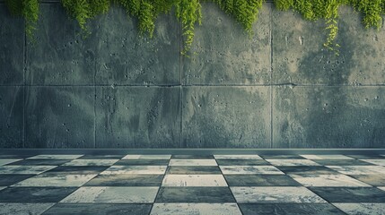 a modern design element with a lush green moss wall set against a checkered pattern grey floor, creating a striking natural and contemporary aesthetic.