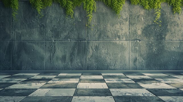 a modern design element with a lush green moss wall set against a checkered pattern grey floor, creating a striking natural and contemporary aesthetic.
