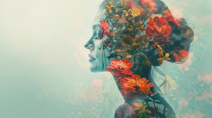 surreal double exposure of woman and flowers artistic book cover design