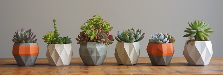 A cluster of small succulents arranged in a sharp-edged geometric vase, highlighting the contrast between organic and geometric shapes.
