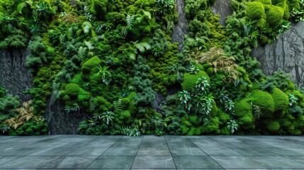 Fototapeta premium a modern design element with a lush green moss wall set against a checkered pattern grey floor, creating a striking natural and contemporary aesthetic.