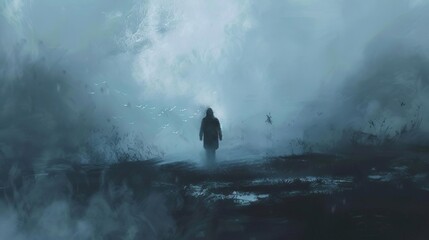 surreal dreamy figure walking into the fog digital concept illustration