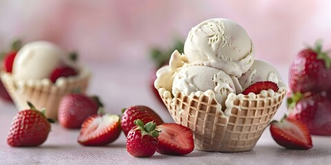 Strawberry ice cream in waffle cup with fresh strawberries on pink background. Concept Food Photography, Summer Treats, Delicious Desserts, Sweet Moments, Vibrant Colors