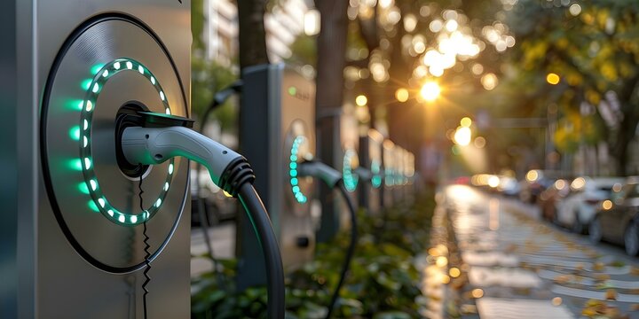Numerous street charging stations with multiple ports for electric vehicles. Concept Electric Vehicles, Street Charging Stations, Multiple Ports, Sustainable Transportation