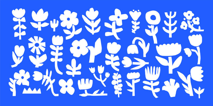 Doodle floral silhouette. Abstract cutout flower and plant. Monochrome naive infantile shape. Hand drawn nature flowers, daisy and tulips. Ornament kids elements Vector set