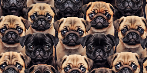 Seamless pattern with realistic tricolor pug dogs. Colorful background, illustration, banner with dog heads for creating textile, wallpaper, cards, paper, invitations, design, print, linen