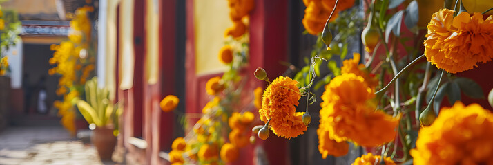 Marigold garlands draping along the house's exterior, Day of the Dead, blurred background