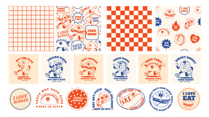 Retro fast food. Cartoon stickers and seamless patterns with groovy food mascot. Comic food characters for cafe menu. Patches taco, hot dog and burger. Vector templates © Foxy Fox