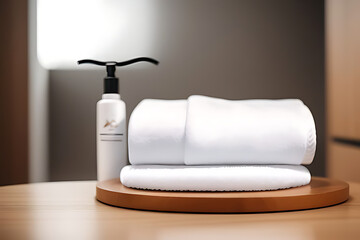 Round wooden splay product bathroom background blurred podium poduim blur display dais table board white lifestyle towel care tile furniture beauty platform stage