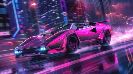 Fototapeta premium sport car on synthwave city background. retrowave style, neon lights