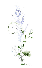 Watercolor painted meadow greenery bouquet frame on white background. Green and blue wild plants, fern branches, leaves.