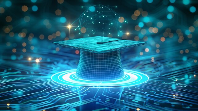 Digital depiction of advanced technology in education with glowing circuits and a graduation cap representing e-learning.