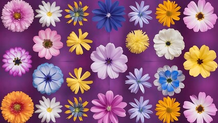 Top view of beautiful flowers on violet background