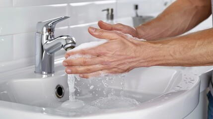 a man washing his hands with soap in a close-up photo, focusing on a white sink against an isolated background, with elements of a bathroom and flowing water visible.