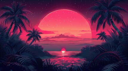 Naklejka premium Palm background 80 s, 90 s style. Landscape of sunset. Image of old, retro, vintage style 