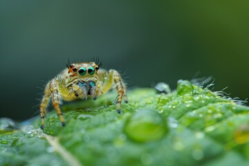 Green Jumping Spider On Dew-Covered Leaf