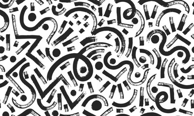 Brush seamless pattern. Black curved lines, abstract ornament elements. Grunge swirls and shapes. Repeated background with hand drawn scribbles daubs. Doodles vector print