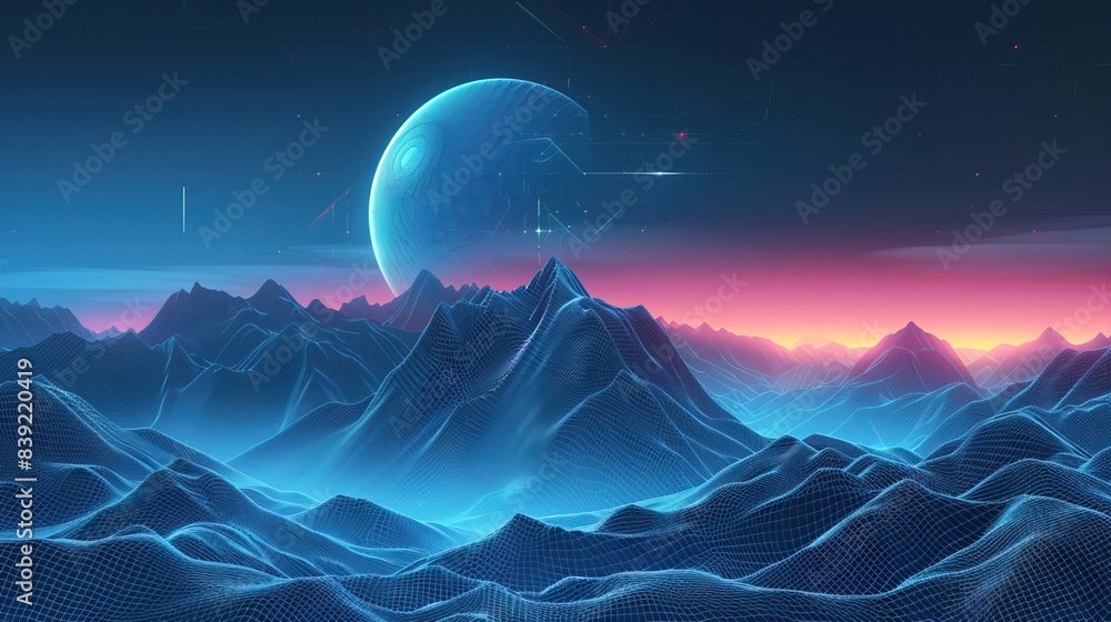 Poster neo tech background with triangle circle on wireframe landscape. modern illustration