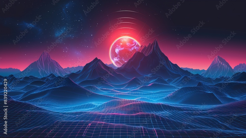 Poster neo tech background with triangle circle on wireframe landscape. modern illustration