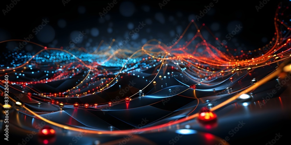 Poster abstract 3d visualization of sound data with lines dots and dna elements. concept sound visualizatio
