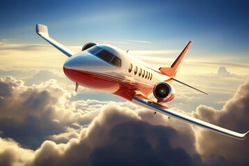 Obraz premium Modern private jet soars high in the sky during a sunset flight