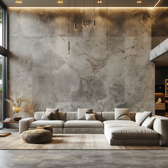 Modern bright living room with grey couch, wooden floor, plants; sunny cozy inside in minimalist style; lot of copy space for text; original wooden sofa; grey walls covered with structured paint