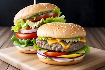burger fries wooden french fast food bun cheese cheeseburger classic eat fresh hamburger isolated ketchup lettuce meal meat minced onion salad sandwich sesame snack tomatoes vegetable