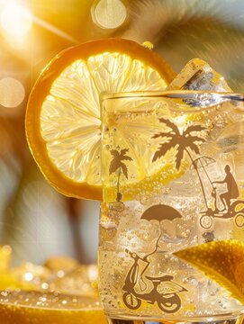 Close-up advertisement photo of a cocktail glass with ice cubes and sparkling yellow half opac lemonade