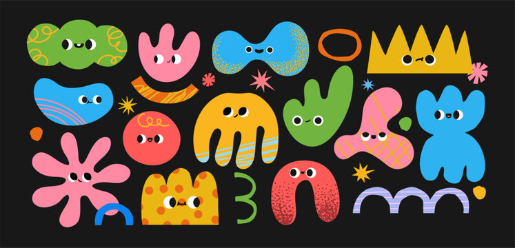 Abstract shape character. Naive amorphous objects with funny faces. Colorful childish figures, cloud, star, wavy shapes for kids game. Retro simple forms. Doodle vector set