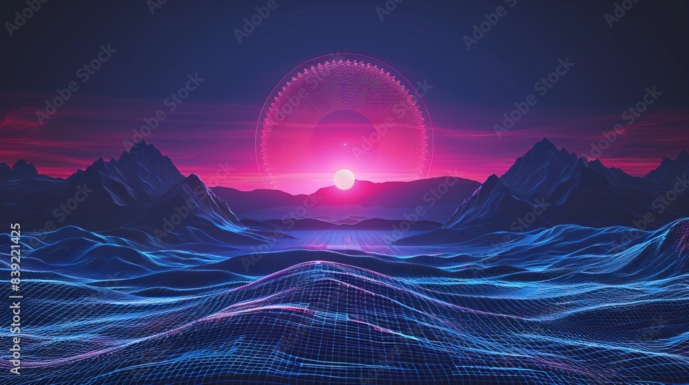 Poster neo tech background with hexagonal circle on wireframe landscape. modern illustration