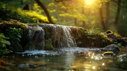 Sunlit Forest Stream with Gentle Waterfall