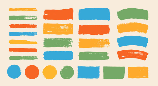 Brushes. Hand drawn painted strokes, box, bubble. Colorful texture paint frames. Grunge pen elements, marker shapes. Abstract brushes frames for text banner for design. Vector set