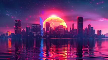 Fototapeta premium Glowing neon light synthwave cityscape background 