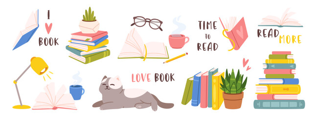 Reading and book. Cartoon colorful elements reading lovers. Open books, stack book, cozy atmosphere, houseplant sleeping cat, glasses cup of tea. Vector set