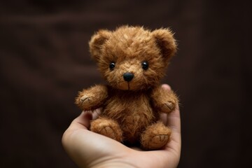 Close-up shot of a small teddy bear being gently held in a person's hand