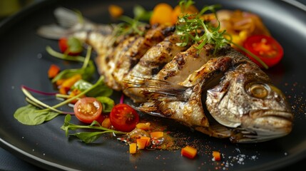 Grilled sea bream, food photography, 16:9