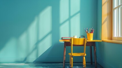 a school desk with a chair with school supplies on a blue background with space to copy; minimalism; creative education 
