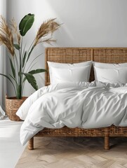 Cozy and stylish bedroom with rattan bed, white bedding, decorative plants, and soft natural light perfect for modern interior design.