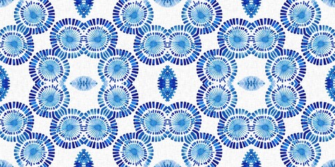 Indigo blue tie-dye handmade textile seamless border. Asian style abstract blotched dyed effect tape.