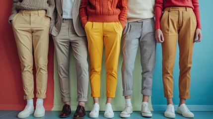 Colorful Casual Pants and Shoes Fashion Lineup on Five Man Models. Generative ai