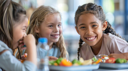 Fototapeta premium Multiracial School chilren eating healthy food. Kids at table in cafeteria. Pupils have vegetarian breakfast in canteen. Back to school concept. Generative ai.