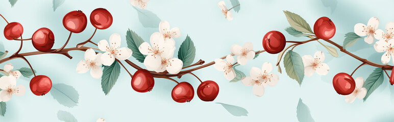 A close-up view of a cherry tree branch, adorned with vibrant red cherries and delicate white blossoms. The soft blue background adds to the gentle and peaceful atmosphere