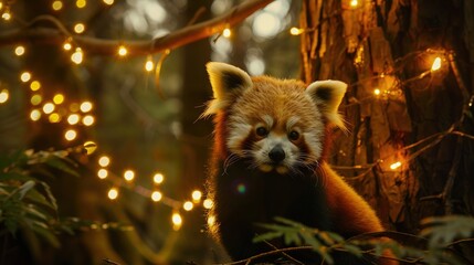 Red panda bear in the forest with garland lights on background