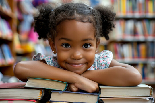 Adorable African American little girl smiling and looking at the camera while sitting and learning in a library with stack of books