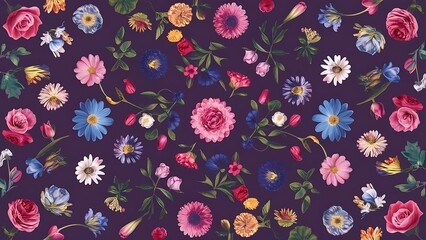 Top view of beautiful flowers on violet background