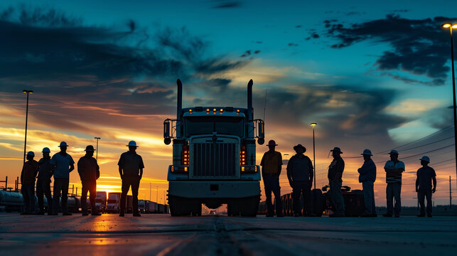 Freight transport truck drivers workers sunset silhouette commercial logistics cargo semi-trailer long haul haulage transportation vehicle highway team truckies meeting protest trucking occupation job