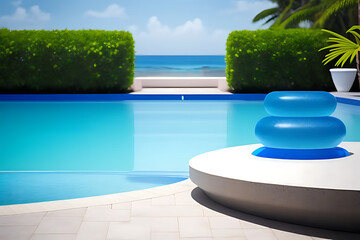 stand blue background Summer tropical product luxury placement design Stone water podium splay pool poduim dais poolside platform aesthetic sea display