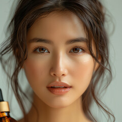 Fototapeta premium A close-up portrait of asian woman with dark hair and radiant skin holding serum