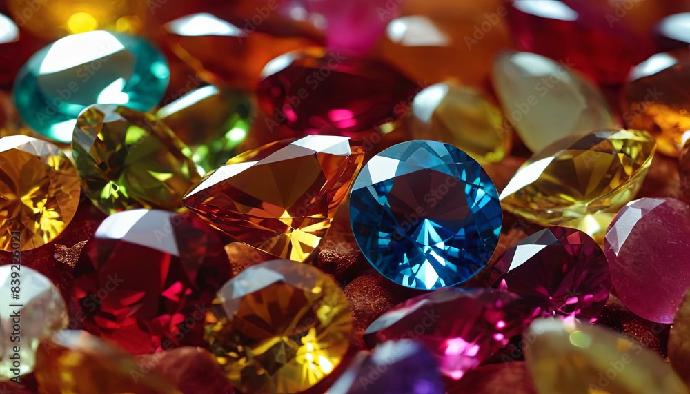 Poster a close-up view of various gemstones, including diamonds, displaying a vibrant array of colors